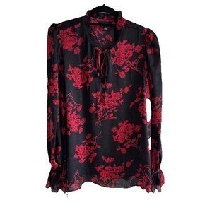 HAVER Of London Vibrant Red & Black Floral Bohemian Style Blouse Medium